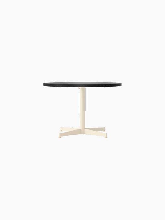 Front view of the Nook Lounge Table with a Linoleum Charcoal top and an Ivory powder-coated steel four-star base.