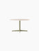 An angled view of the Nook Lounge Table, featuring a light-coloured stone top and an olive green four-star pedestal base.