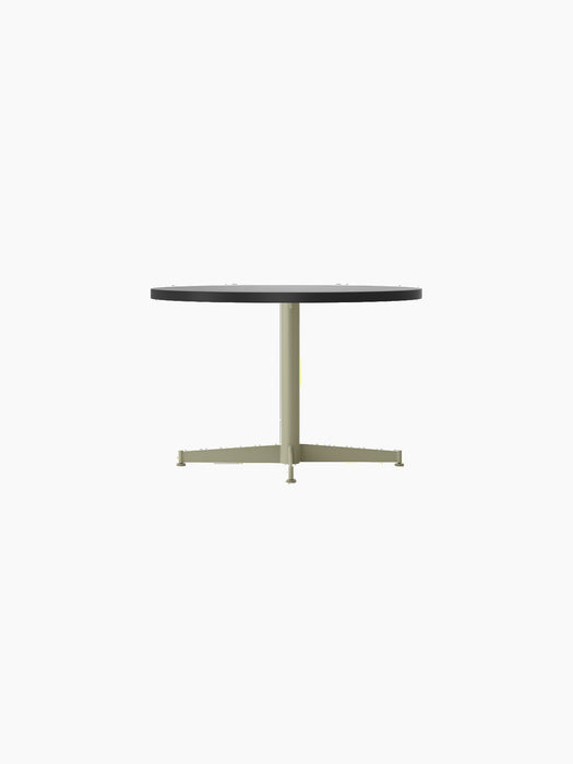 Front view of the Nook Lounge Table, featuring a dark charcoal linoleum top and an olive-coloured four-star steel base.