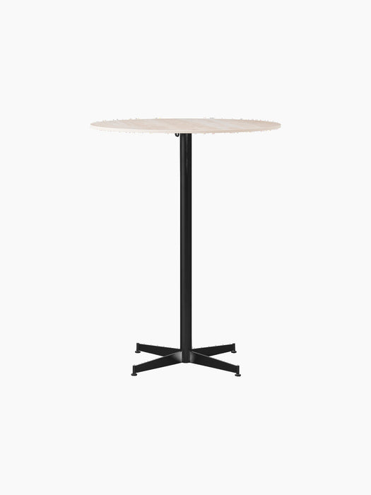 Front view of the Nook Bar Table featuring a light-coloured round marble top and a slender black powder-coated steel base.
