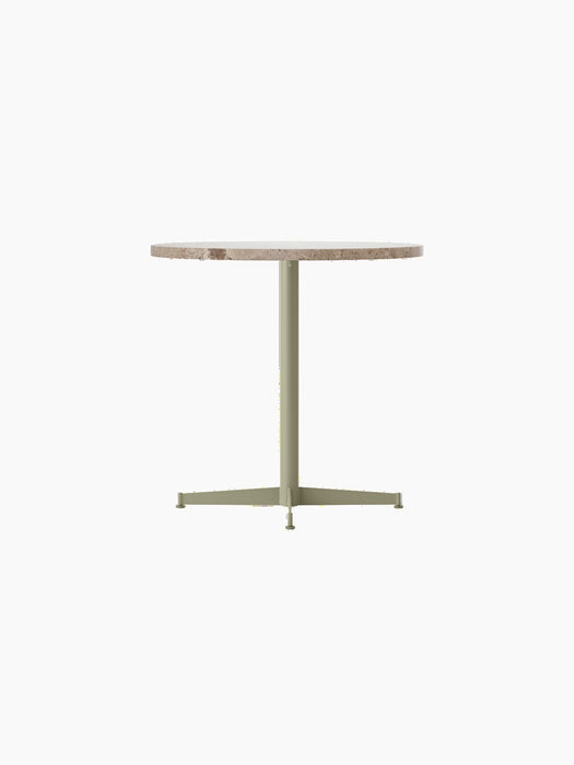 Side view of the Nook Dining Table with a Kunis Breccia Stone tabletop and an olive, four-star powder-coated steel base.
