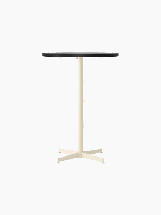 Front view of the Nook Bar Table, featuring a dark, round tabletop on a slender ivory stem and matching four-star base.