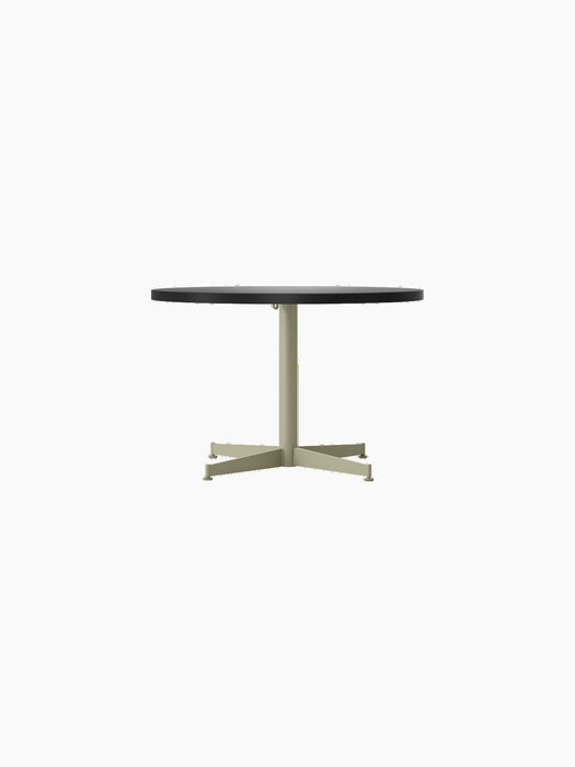 Front view of the Nook Lounge Table with a charcoal linoleum top and a four-star pedestal base in an olive finish.