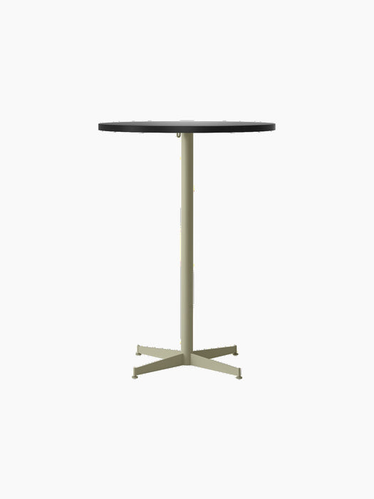 Front view of the Nook Bar Table with a round charcoal linoleum top and a slender ivory powder-coated steel pedestal base.