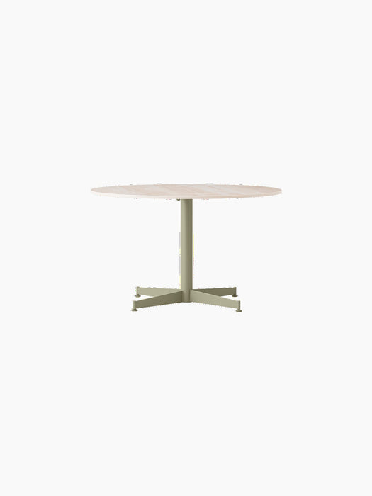 Front view of the Nook Lounge Table, featuring a round Kunis Breccia stone top and an olive-coloured four-star metal base.