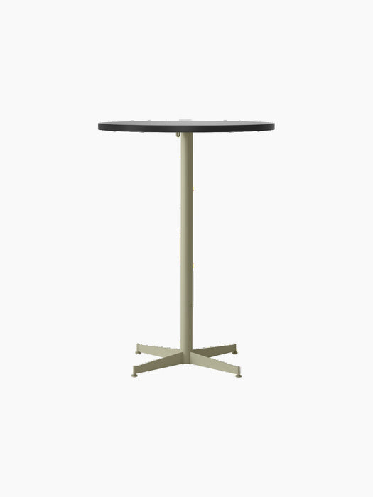 A front-on image of the Nook Bar Table, with a square, dark charcoal tabletop and slim, ivory single-column base.