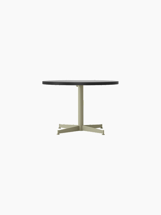 Front view of the Nook Lounge Table with a charcoal linoleum top and an olive powder-coated steel four-star base.