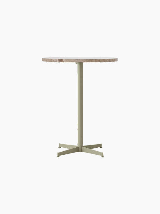 Front view of the Nook Counter Table with a round Kunis Breccia stone top and a slender, olive powder-coated steel base.