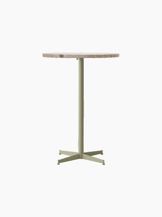Front view of the Nook Bar Table with a round Kunis Breccia stone top and an olive powder-coated steel pedestal base.