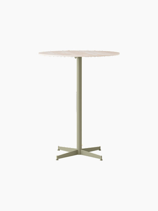 Front view of the Nook Bar Table with a round, light-coloured stone top and a slim, olive-coloured central pedestal base.