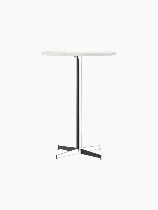 A front-facing studio shot of the Nook Bar Table, featuring a round white top and a slim black base with a four-pronged foot.