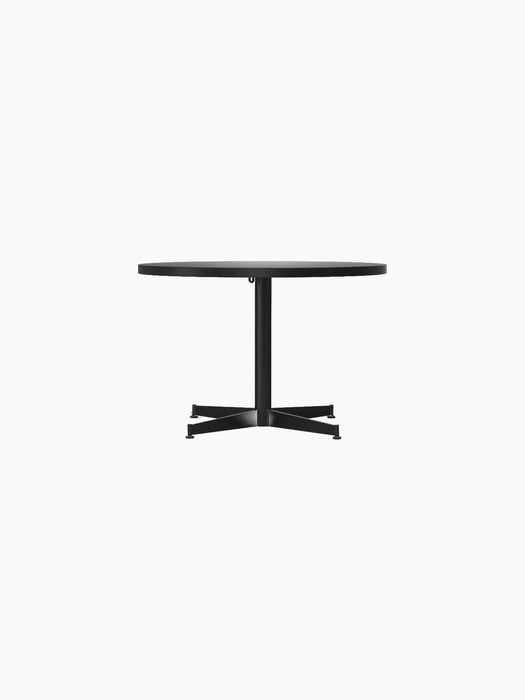 Front view of the Nook Lounge Table, shown with a charcoal linoleum tabletop and a black powder-coated steel four-star base.