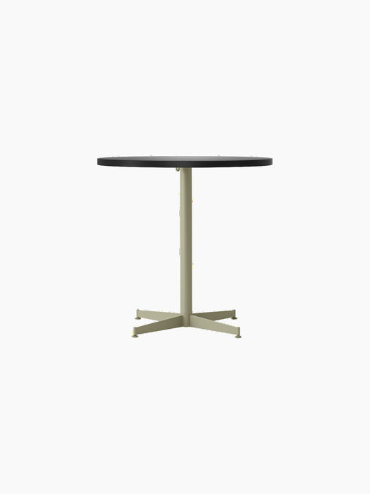 Front view of the Nook Dining Table, featuring a dark grey round top and an olive-coloured, four-star pedestal base.