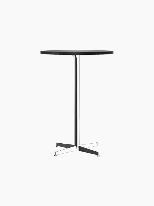 Front view of the Nook Bar Table, featuring a circular top and a slender black central leg with a four-pronged base.
