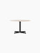 Front view of the Nook Lounge Table with a round Estremoz Marble top and a black powder-coated four-star base.