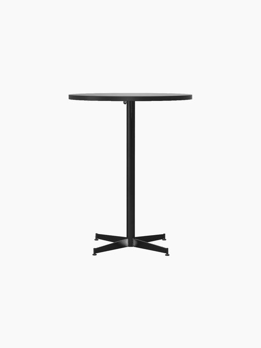 Front view of the Nook Counter Table with a circular, patterned light stone top supported by a slim black pedestal base.