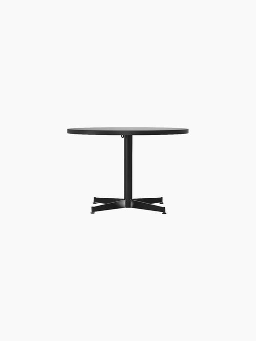 Front view of the Nook Lounge Table, featuring a round, light-coloured marble top and a black four-star pedestal base.