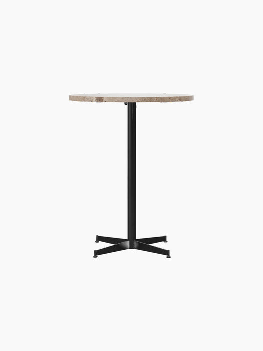 Front view of the Nook Counter Table with a round Kunis Breccia stone tabletop and a slender black powder-coated steel base.