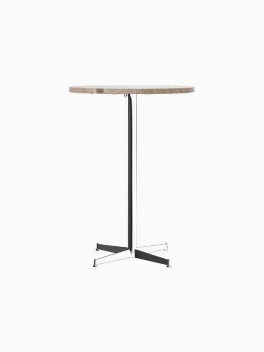 Front view of the Nook Bar Table with a round Kunis Breccia stone top and a slim black powder-coated steel pedestal base.