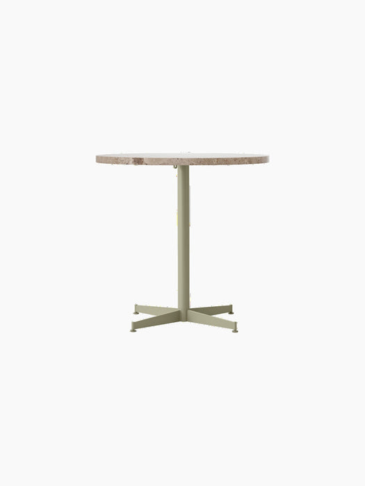 Front view of the Nook Dining Table with a round Kunis Breccia stone top and an olive powder-coated steel four-star base.