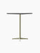 Angled view of the Nook Bar Table with a dark, rectangular tabletop and a slender, olive-coloured pedestal base on four feet.