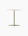 Angled view of the Nook Counter Table, featuring a light-coloured square top and a slender, olive green pedestal base.