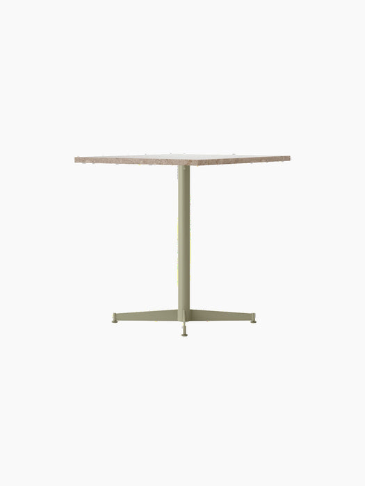 Angled view of the Nook Dining Table, featuring a square Kunis Breccia stone tabletop on an Olive powder-coated steel base.