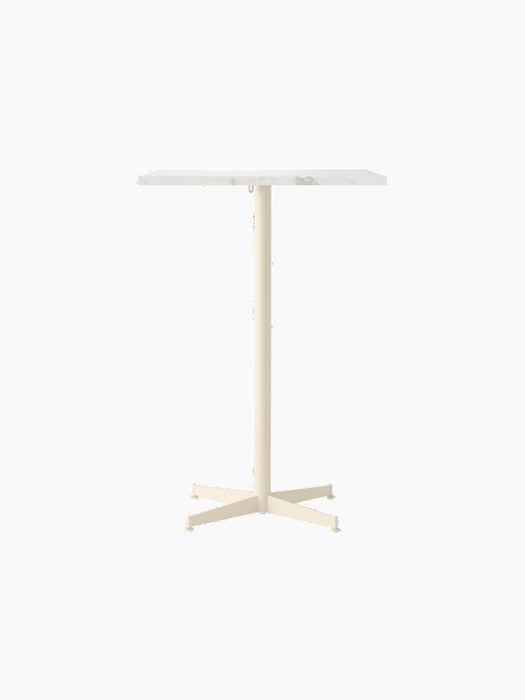 Front view of the Nook Bar Table, featuring a rectangular white marble top on a sleek ivory powder-coated steel base.