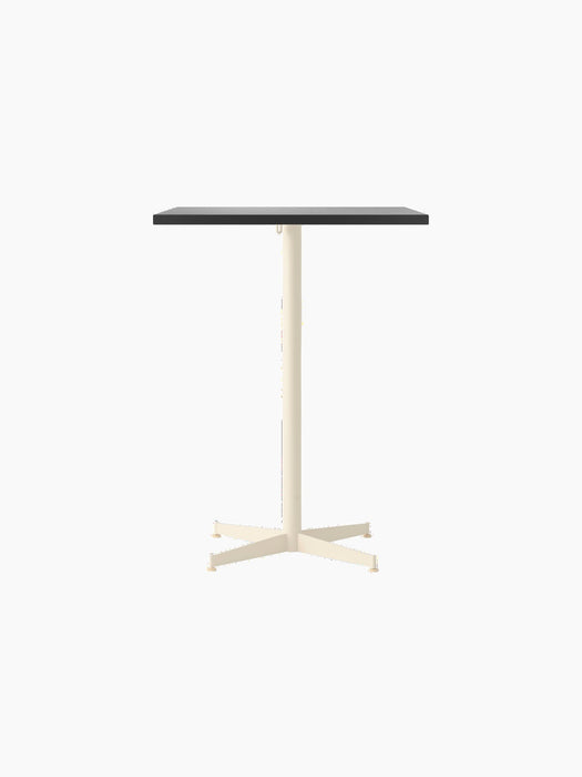 Front view of the Nook Counter Table with a rectangular charcoal linoleum top and an ivory steel pedestal base.