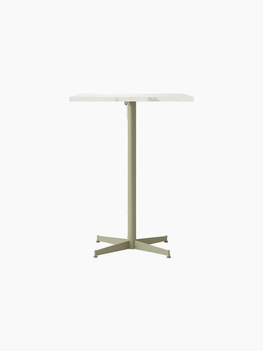 Front view of the Nook Counter Table with a rectangular marble top and a slim, olive-coloured pedestal base with four feet.