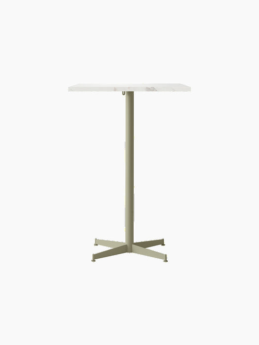 Front view of the Nook Bar Table, featuring a rectangular white stone top and pale olive powder-coated steel pedestal base.