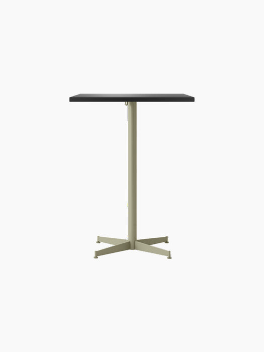 A front view of the Nook Counter Table with a rectangular charcoal linoleum top and an olive steel pedestal base.