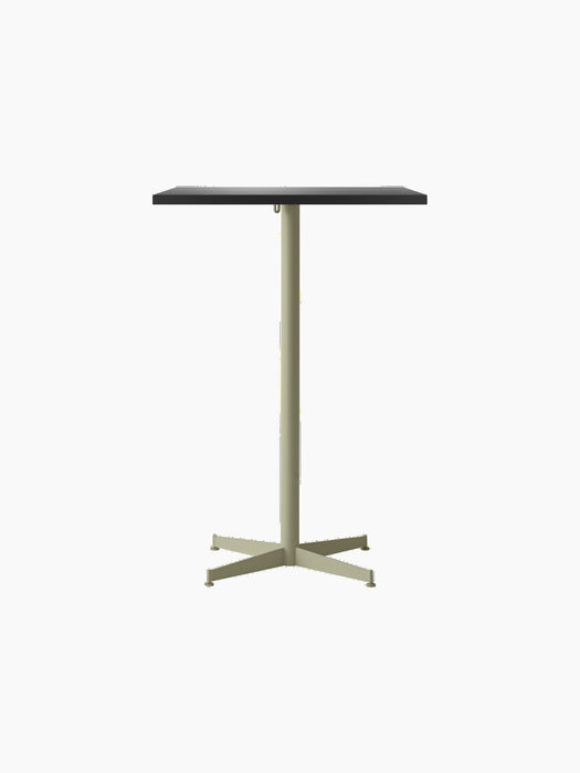 Front view of the Nook Bar Table with a charcoal linoleum rectangular top and an olive powder-coated steel pedestal base.