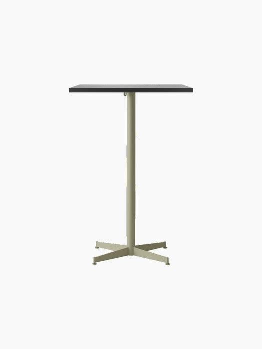 Front view of Nook Bar Table with a rectangular charcoal linoleum top and an olive powder-coated steel base with four legs.