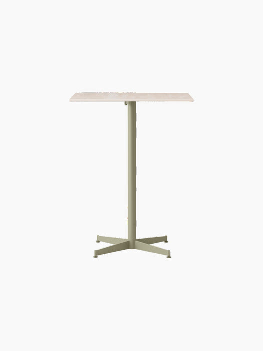 Front view of the Nook Counter Table featuring a rectangular light-coloured top and a slim single-column metal base in olive