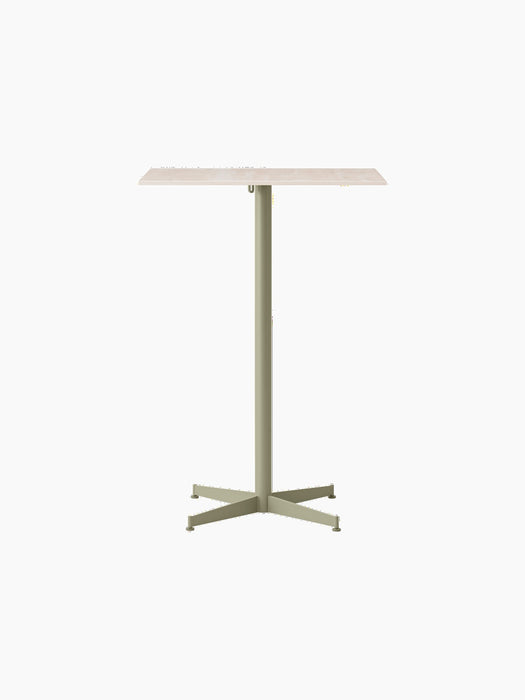 Front view of the Nook Bar Table with a rectangular light-coloured top and an olive green steel base with four feet.
