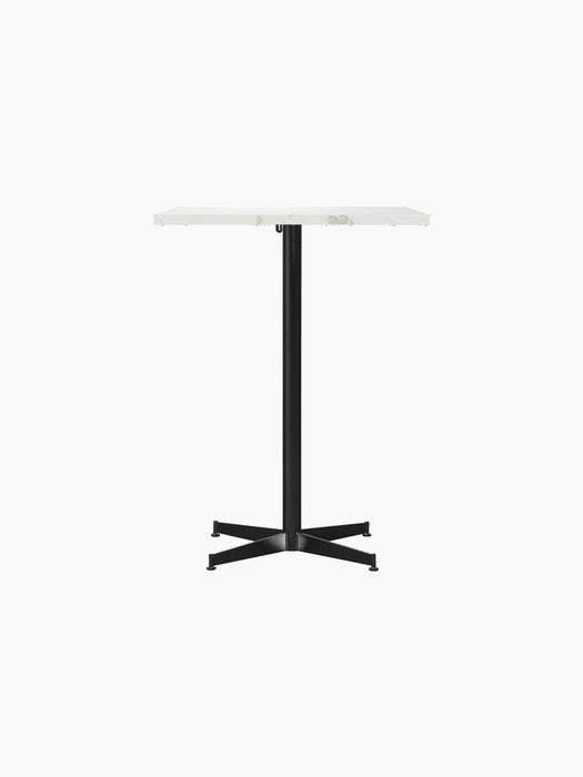 Front view of the Nook Counter Table, featuring a rectangular white marble tabletop and a black pedestal base with four feet.