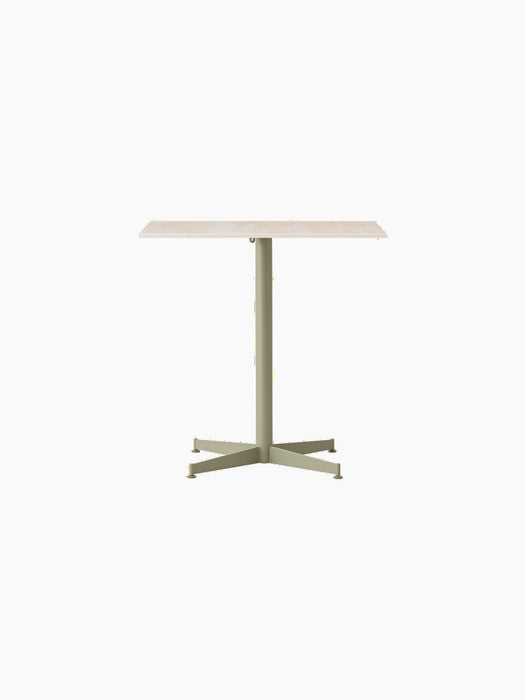 Front view of the rectangular Nook Dining Table with a light-coloured stone top and an olive powder-coated, four-star base.