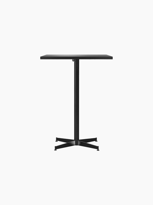 A front-on image of the Nook Counter Table in black, featuring a square tabletop, a central pedestal, and a cross base.