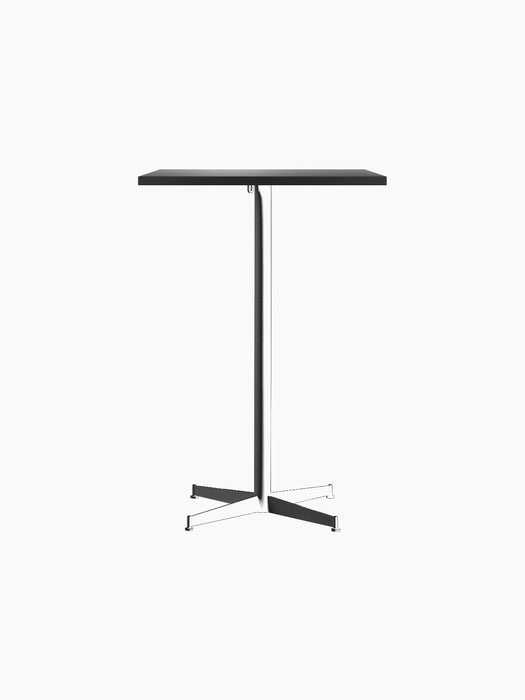 Front view of the Nook Bar Table in black, showing its rectangular top, slim central pedestal, and four-legged cross base.