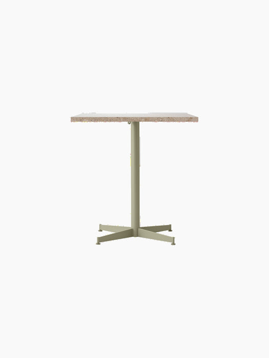 Front view of the Nook Dining Table with a rectangular Kunis Breccia top and an olive powder-coated steel pedestal base.