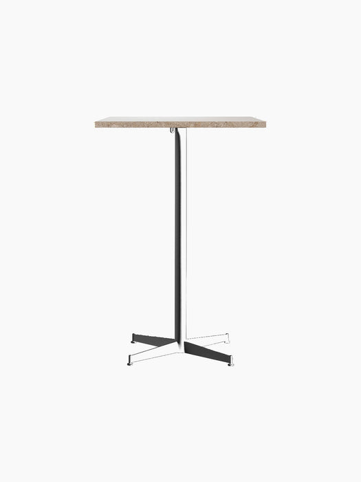 Front view of the Nook Bar Table, featuring a rectangular Kunis Breccia stone top and a slim, black powder-coated steel base.
