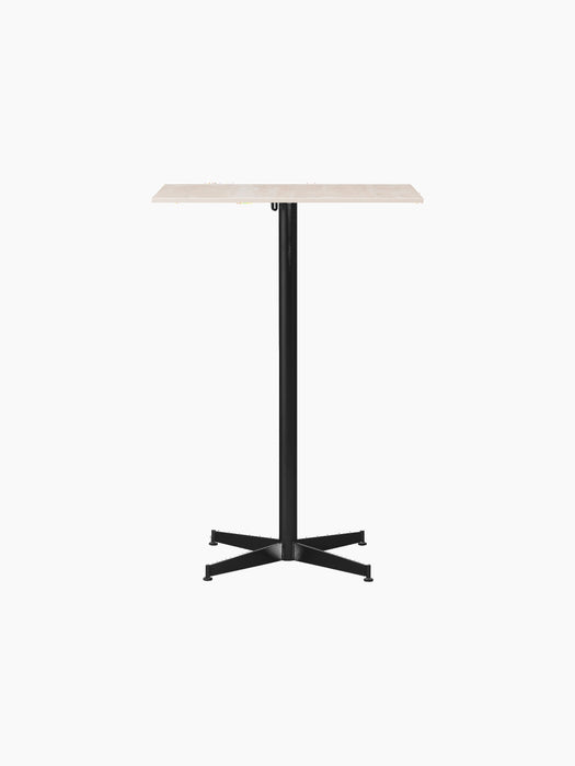 Front view of the Nook Bar Table with a light-coloured rectangular top and a slim black steel base with four legs.