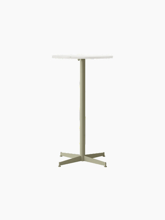Front view of the Nook Bar Table, featuring a round Estremoz marble top and an olive green powder-coated steel pedestal base.