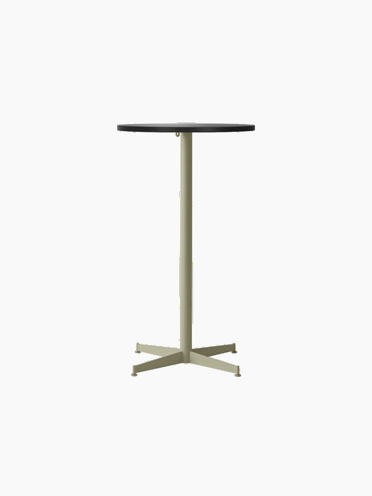 Front view of the Nook Bar Table, featuring a round charcoal linoleum top and an olive powder-coated steel pedestal base.