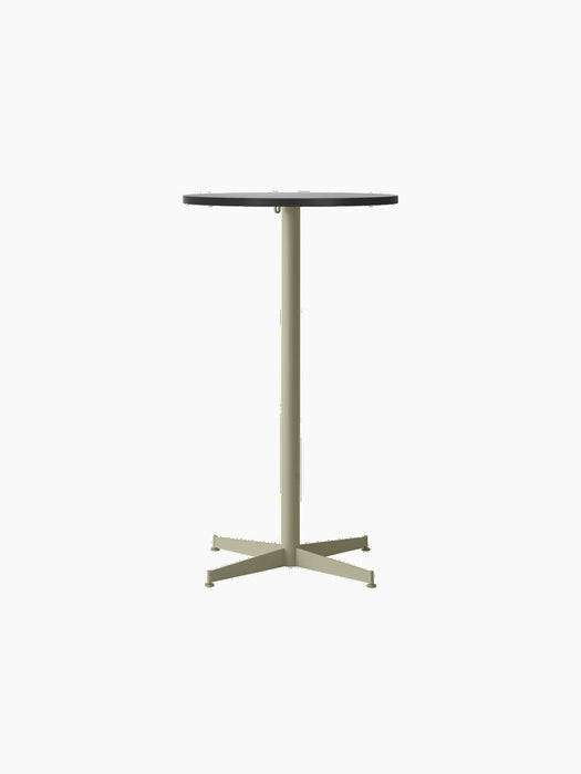Front view of the Nook Bar Table with a circular black oak veneer top and an olive powder-coated steel pedestal base.