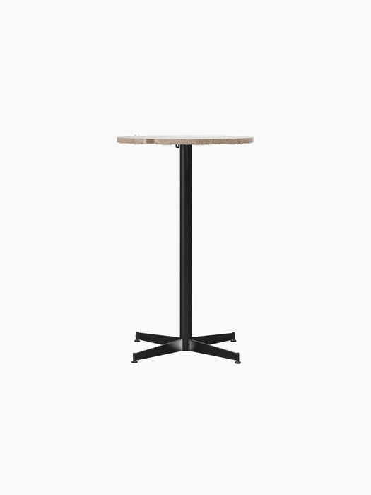 Front view of the Nook Counter Table with a round Kunis Breccia stone top and a slim black metal pedestal base.