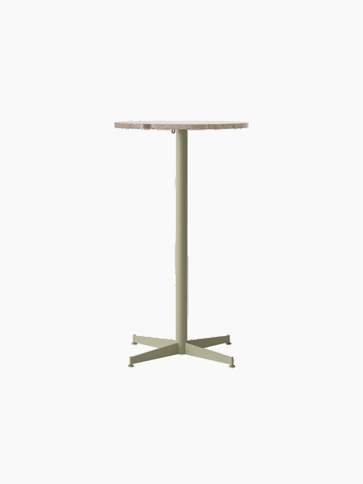 Front view of the Nook Bar Table featuring a round Kunis Breccia stone top on a slender olive green powder-coated steel base.