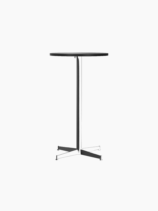 The Nook Bar Table shown from the front, with a round charcoal linoleum top and a black powder-coated steel four-legged base.