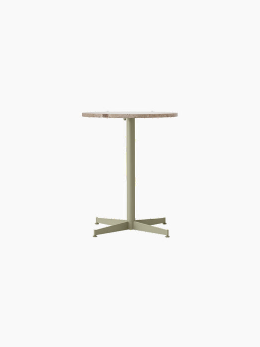Front view of the Nook Dining Table with a round Kunis Breccia stone top and an olive, four-star powder-coated steel base.